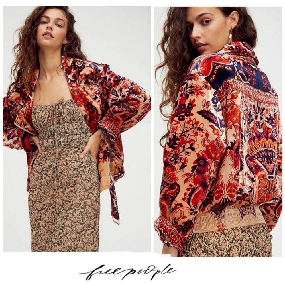FREE PEOPLE Bailey Multicolor Velvet Long Sleeves Front Zipper Boho Jacket Sz XS